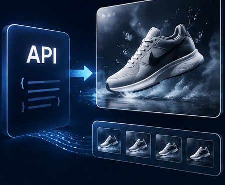 An API request on the left and the images it produced on the right, one large and four variants under it