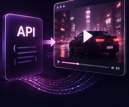 An API request on the left and the video it produced on the right, playing in a browser window