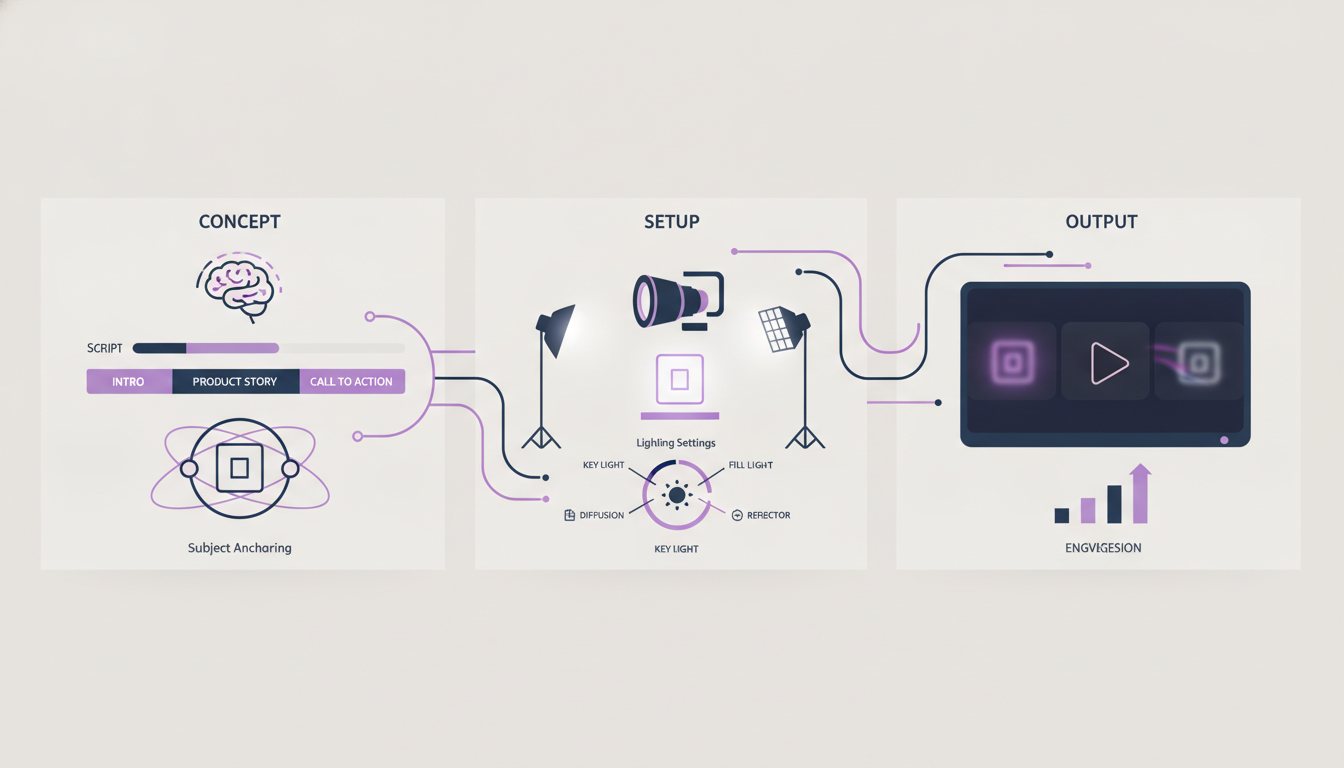 Step-by-step visual workflow for setting up camera beats and product anchors.