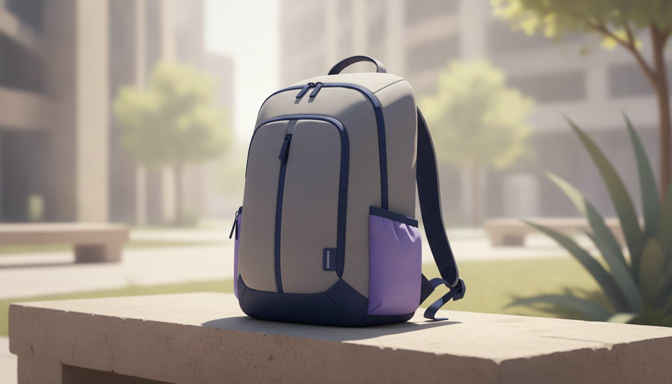 Modern backpack sitting on a park bench in natural light