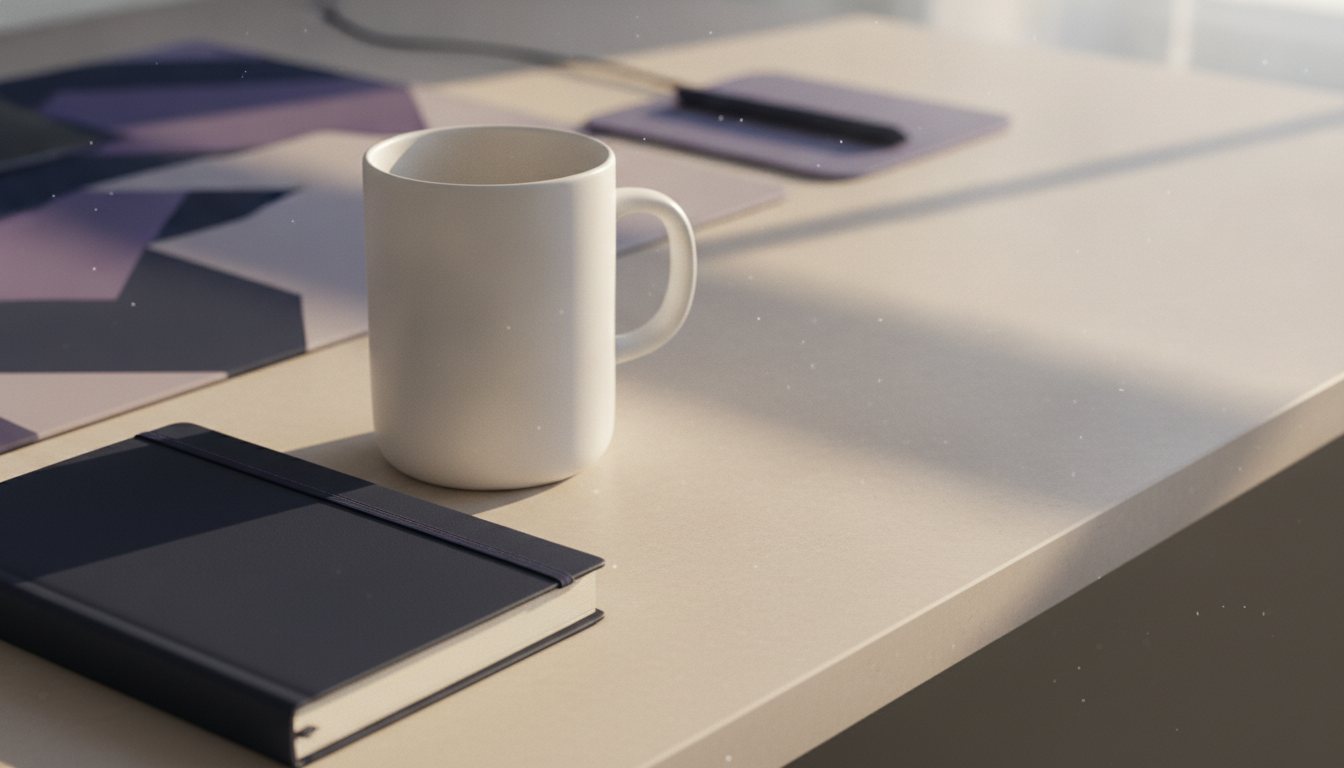 Minimalist lifestyle product setup illuminated by warm morning sunlight