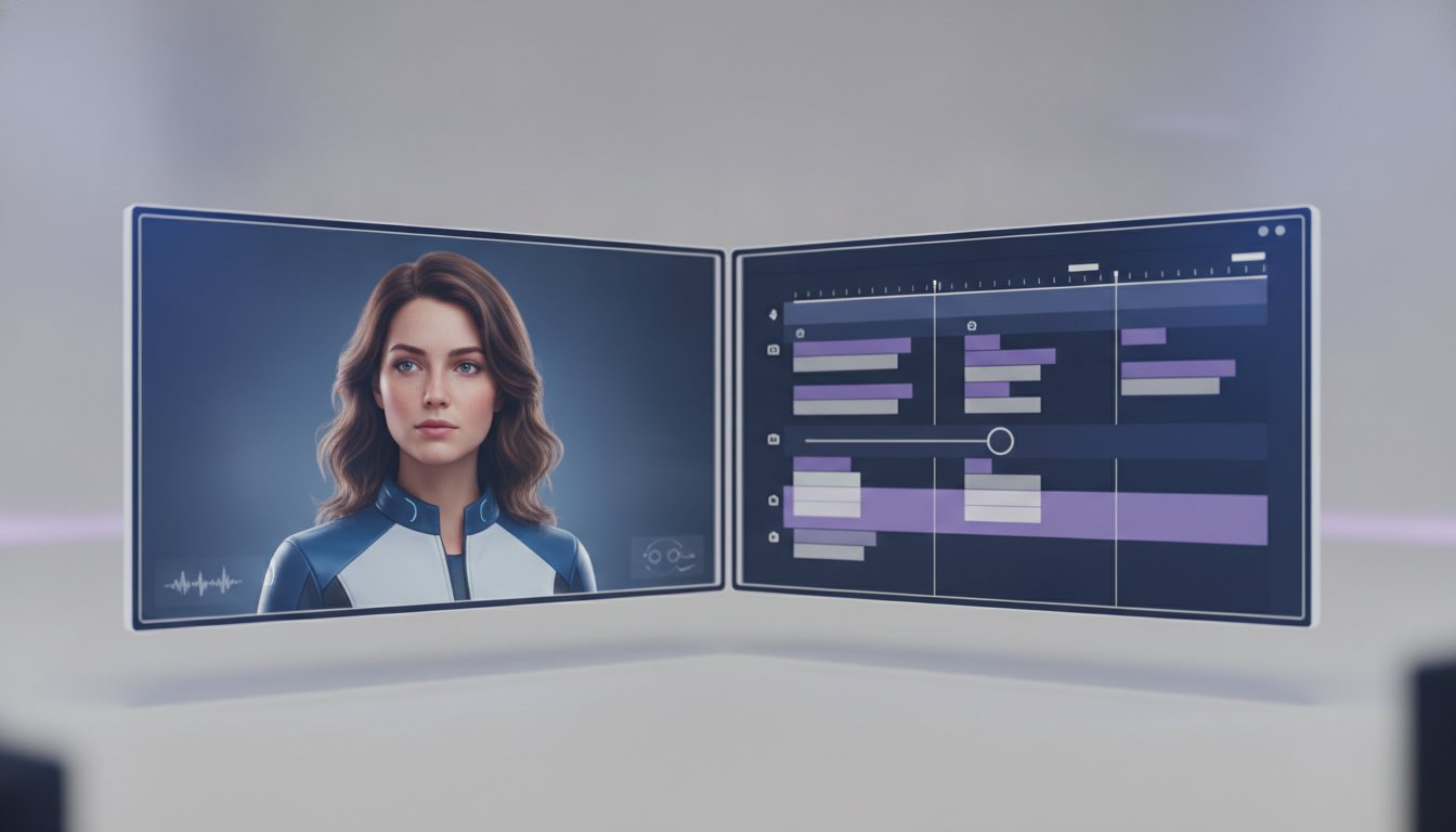 Digital workplace setup showing AI video ad production tools and workflow