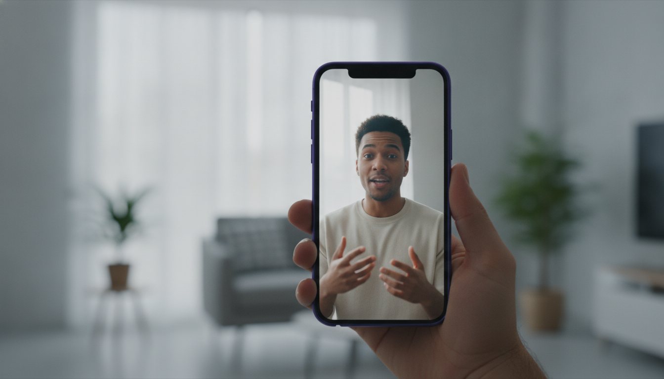 Smartphone displaying a realistic UGC video shot in a brightly lit modern room