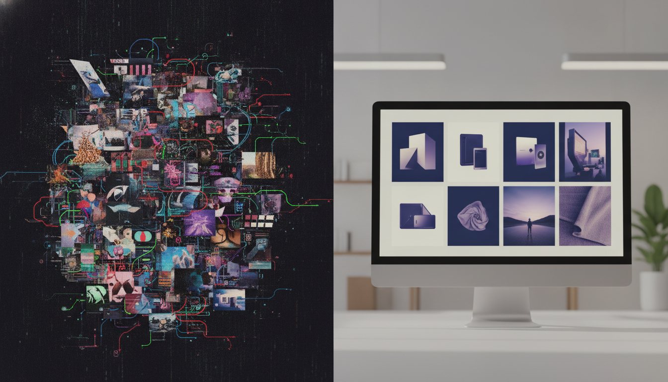 Comparison between unstructured AI image output and an organized creative vision board