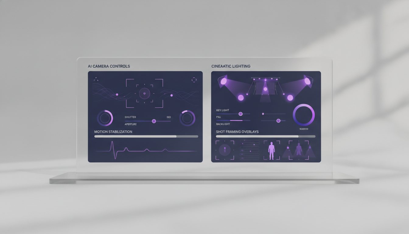 Digital interface showing video camera director controls and framing parameters.