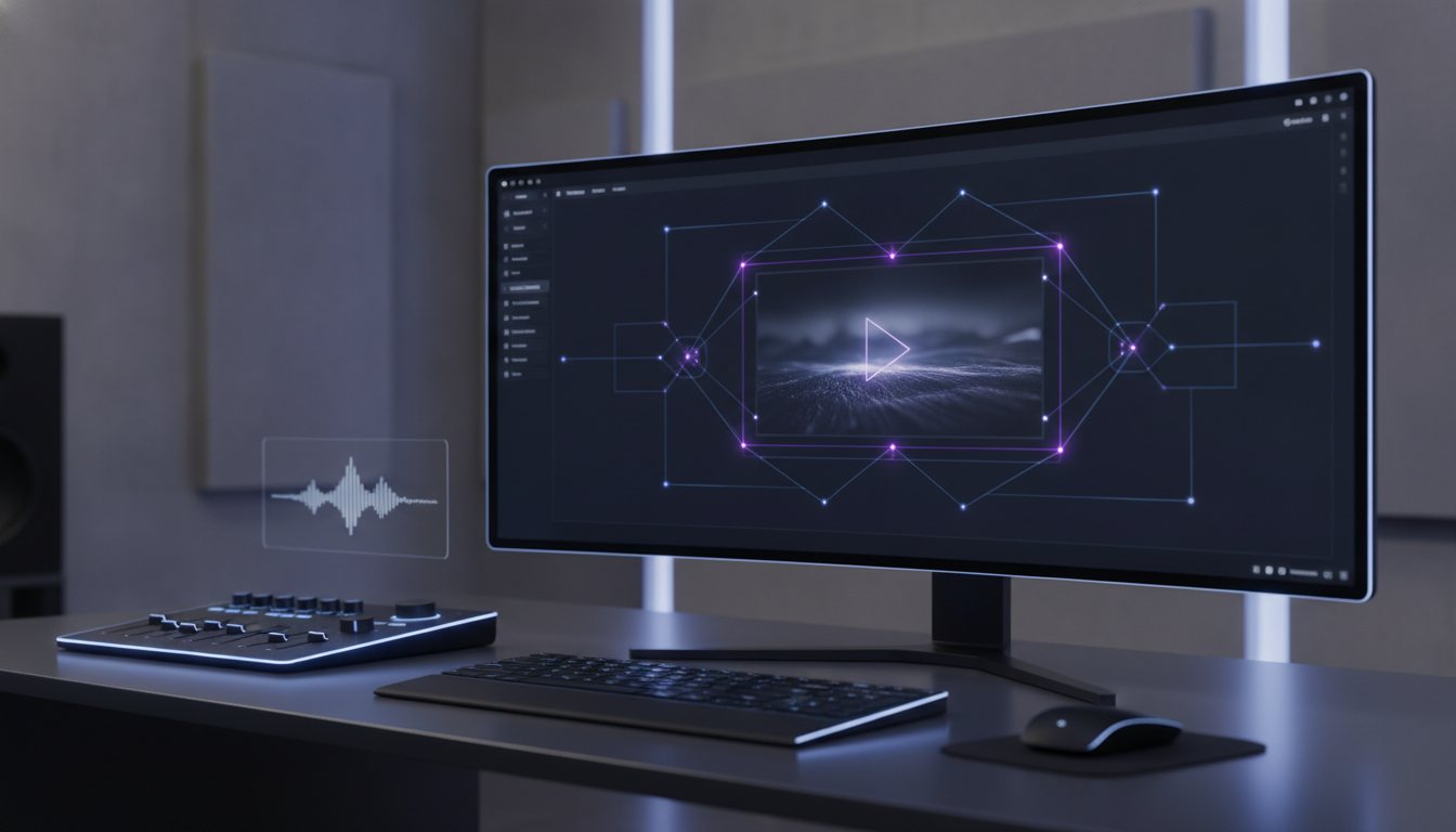 Minimalist digital studio workspace representing video generation technology.