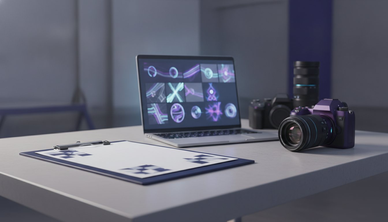 A film call sheet next to camera equipment and a laptop showing digital asset workflows