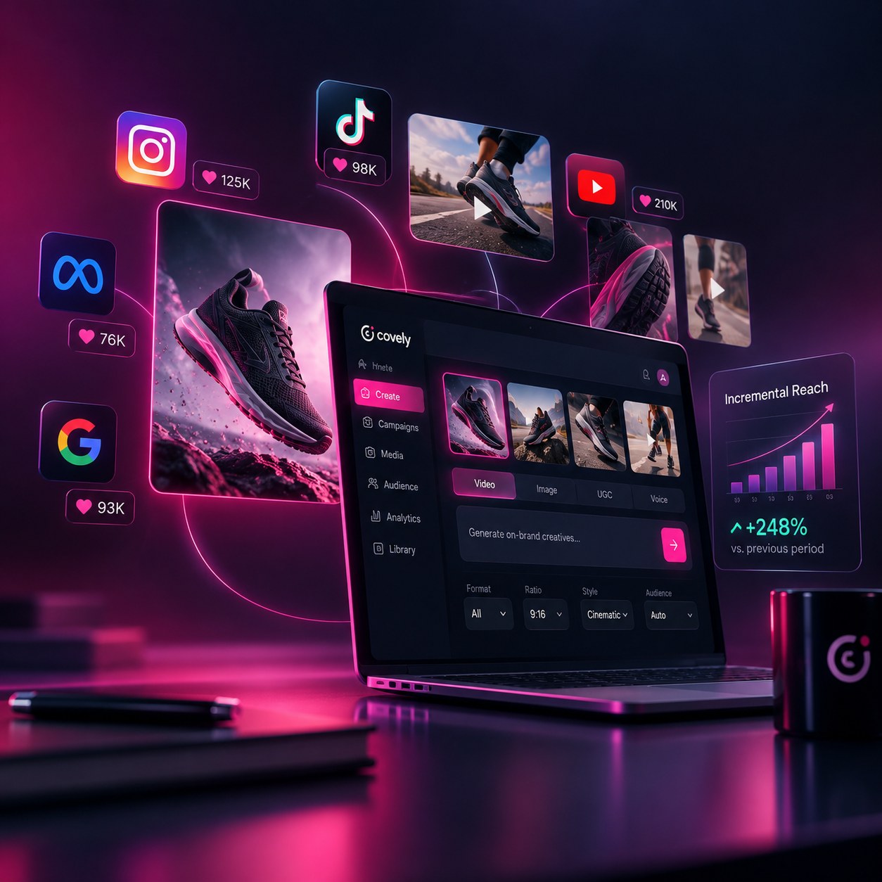 A laptop running Covely on a sneaker campaign: a prompt box over a row of generated ads, the Instagram, TikTok, YouTube, Meta and Google marks each with a like count beside the cut made for it, and an incremental-reach panel showing example figures