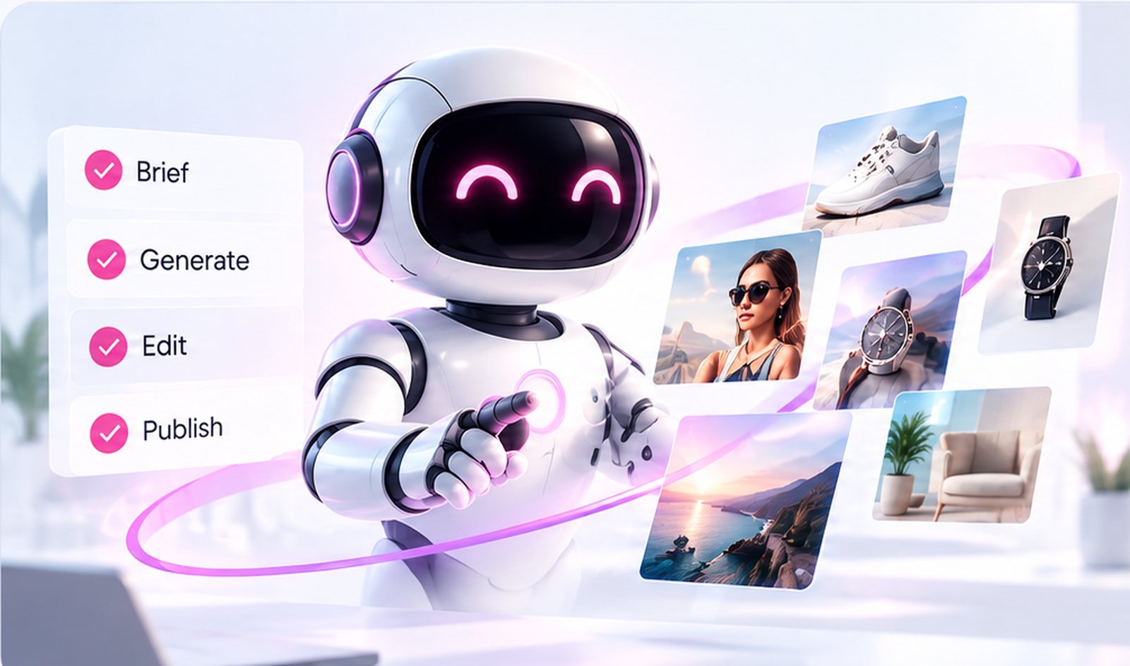 A Covely assistant working through a brief, generate, edit and publish checklist, with the product shots, portraits and scenes it produced beside it