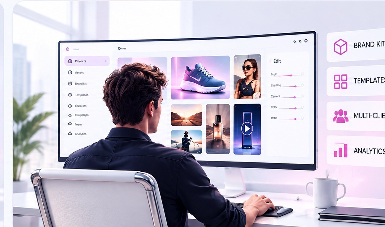A person at a wide monitor with the Covely workspace open: a grid of generated assets, and sliders for style, lighting, camera, colour and ratio down the right