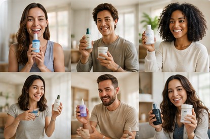 Six creators in six rooms, each holding a different bottle of the same skincare range to camera