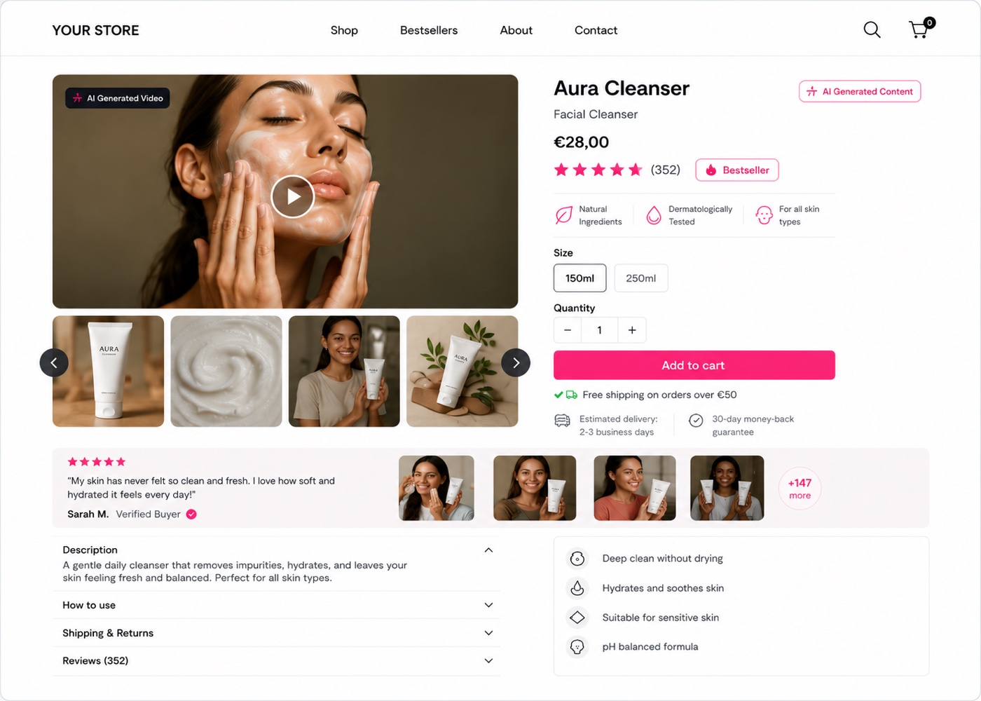 The same product page with a generated product video, four lifestyle stills, creator review photos and benefit icons, each labelled as AI generated