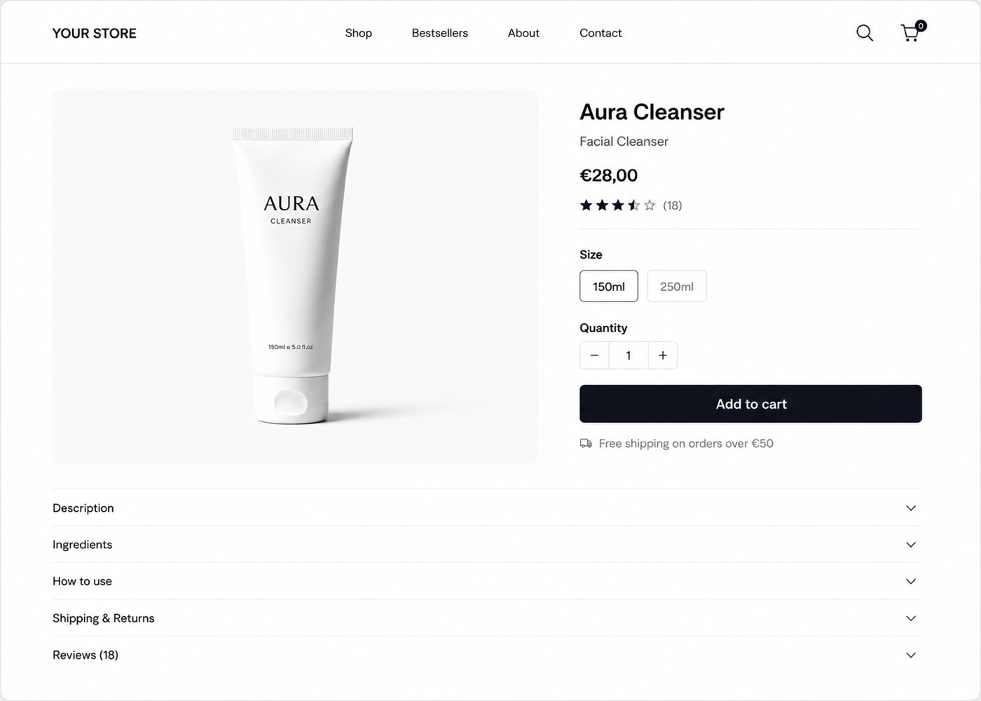 A product page for a facial cleanser with one packshot on a white background, a price and a short description