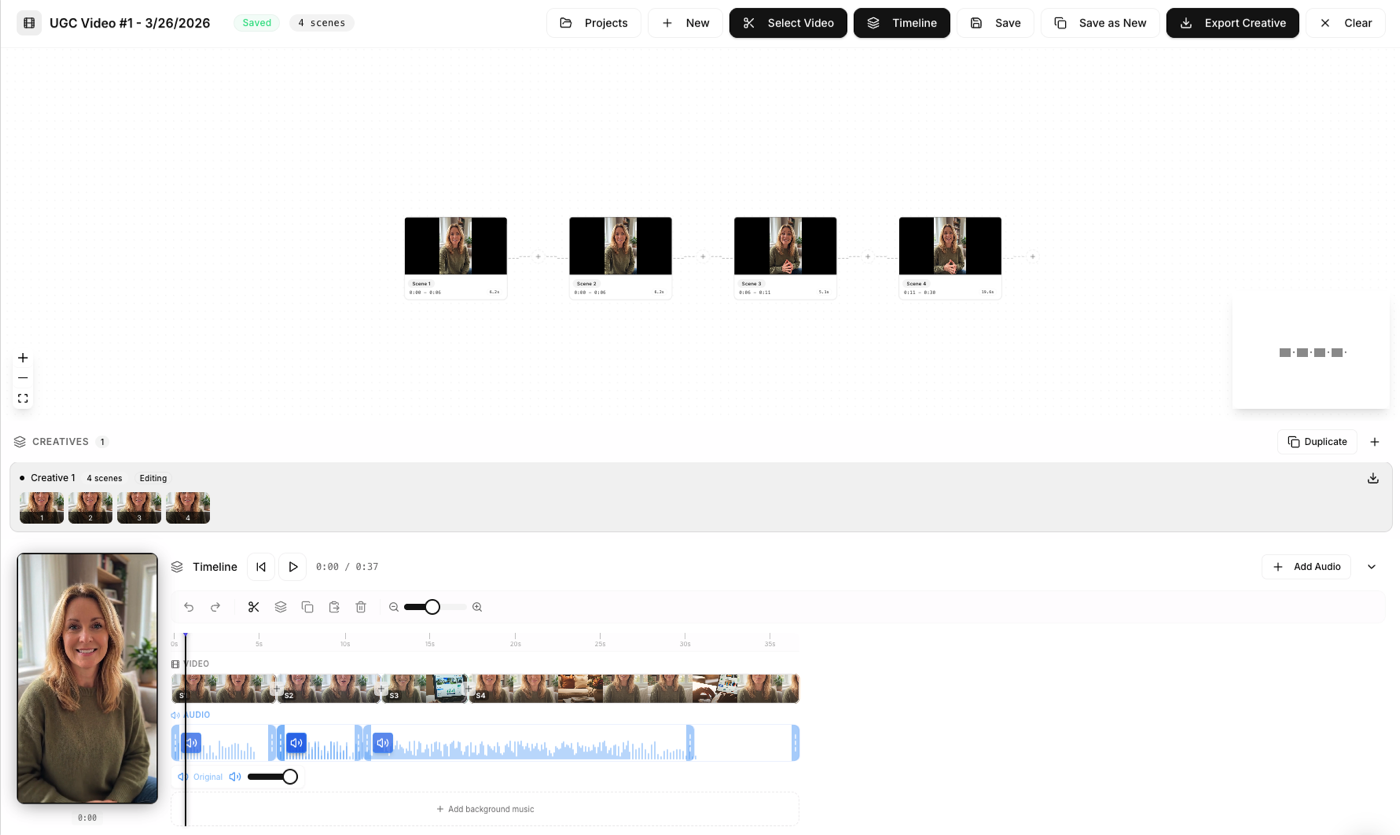 The Covely editor with a four-scene timeline and audio track