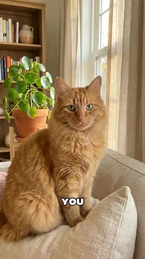 Generated social clip of a ginger cat on a sofa, with a caption