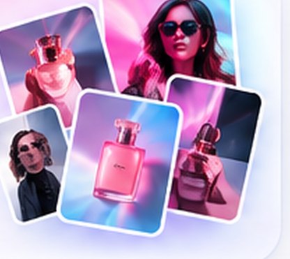 A spread of generated concept frames for one fragrance, each a different angle