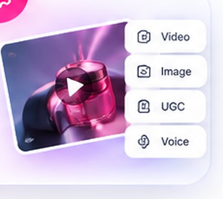 A generated product video with a play button, beside a panel offering video, image, UGC and voice