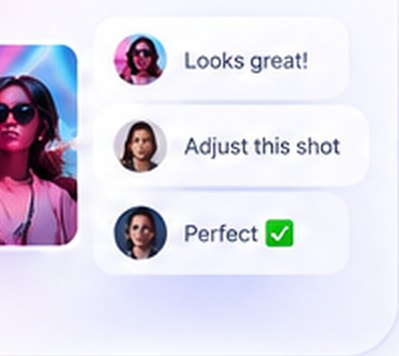 Three review comments against a generated frame: looks great, adjust this shot, perfect