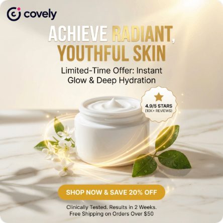 A generated square ad for a face cream lit in gold