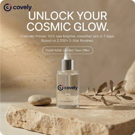 A square ad for a serum on travertine beside a dried branch