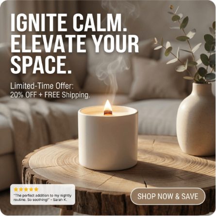 A generated square ad for a candle on a wooden table