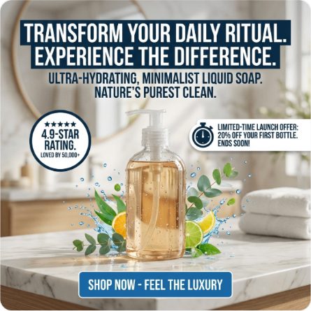 A generated square ad for a liquid soap among citrus and eucalyptus