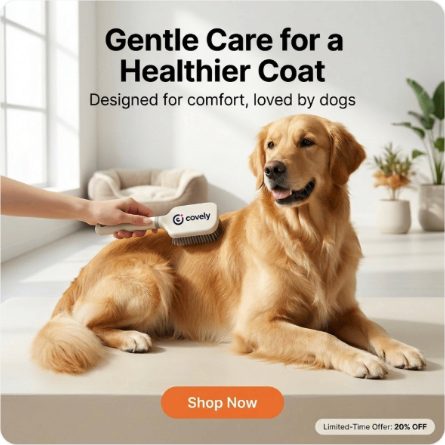 A generated square ad for a pet brush, a golden retriever being groomed on a kitchen floor
