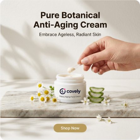 A generated square ad for an anti-ageing cream on marble with chamomile flowers