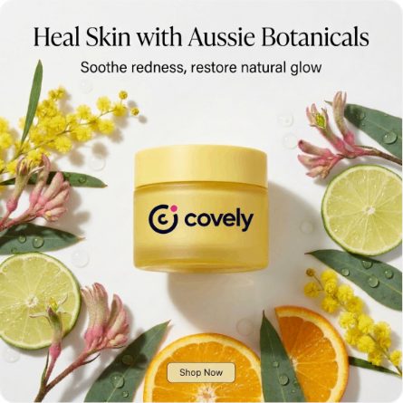 A generated square ad for a skin cream ringed with citrus and native flowers