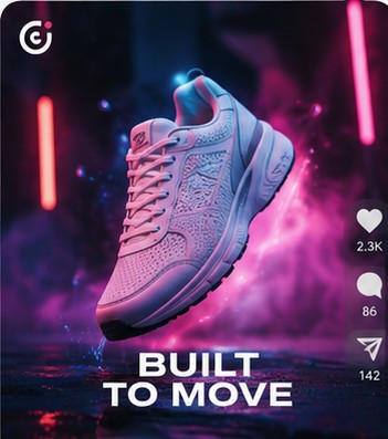 A generated reel: a white trainer in pink and purple neon, captioned BUILT TO MOVE