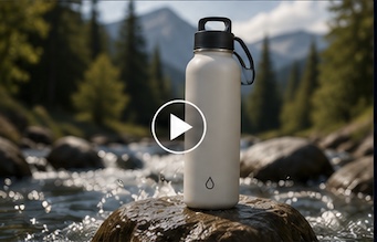 Generated product video: a bottle standing in a stream, mid-shot