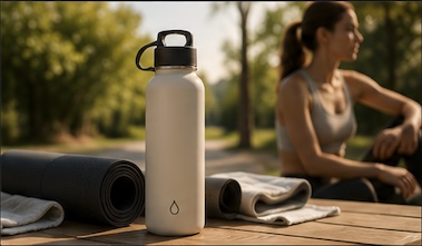 Generated lifestyle scene: a cream water bottle beside a yoga mat