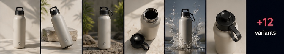 Six generated variants of the same water bottle in different scenes